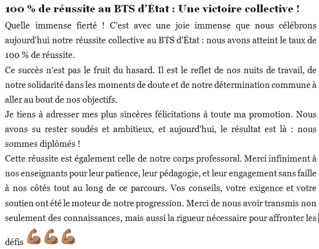 Mots du directeur des études après le 100% de succès au BTS 2026